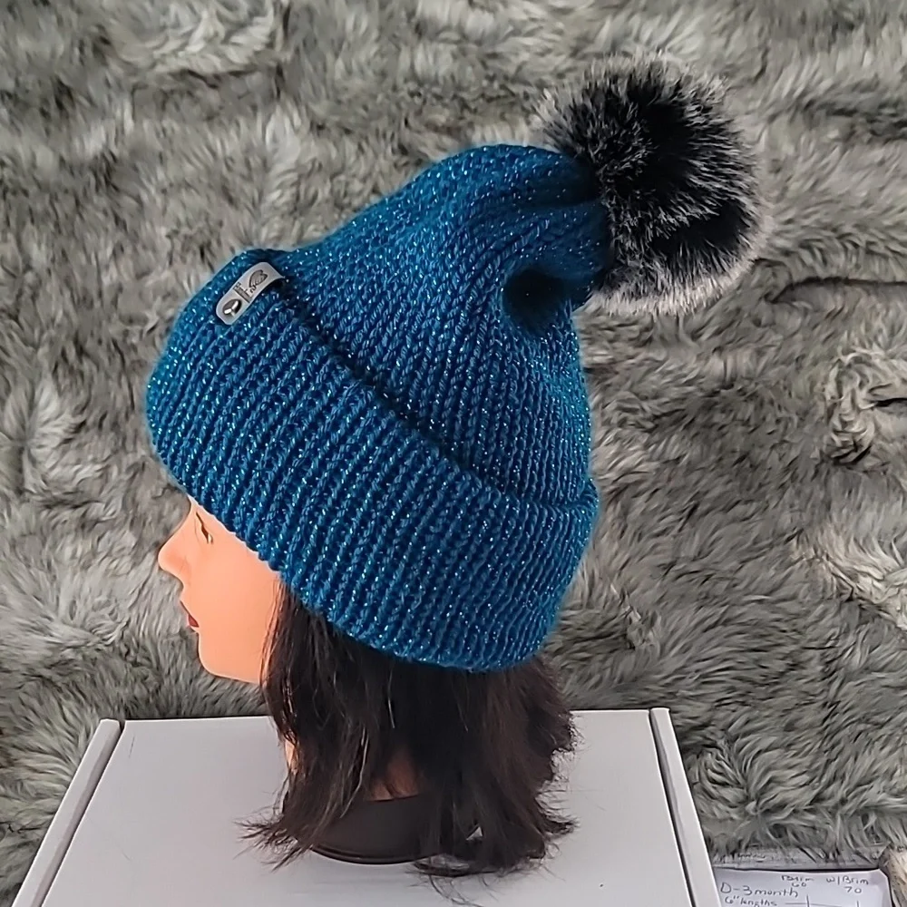 Blue Knit Beanie with Pom Pom